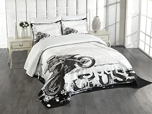 ABAKUHAUS Motorrad Tagesdecke Set, Motocross Racer, Set mit Kissenbezug Romantischer Stil, für Einzelbetten 170 x 220 cm, Dunkelgrau Weiß