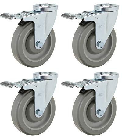 Caster Set of 4 | 5 Polyurethane with Precision Bearings | Total Locking Brakes with 1/2 Hollow Rivet Mounting Hole