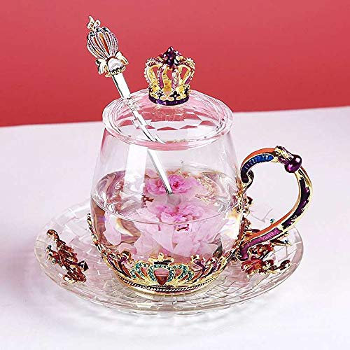 WXQY Émail Rose Tasse Fleurs, sans Plomb Faite à La Main en émail Fleur Mug à Café en Verre Transparent avec Poignée, Unique Personnalisé