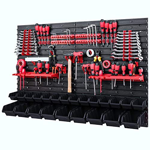 PAFEN Werkzeugwand Stapelboxen - 1152 x 780 mm - Lagersystem SET Werkzeughaltern und 23 Schwarz Boxen - Wandregal Werkstattregal Lochwand Schüttenregal Sichtlagerkästen