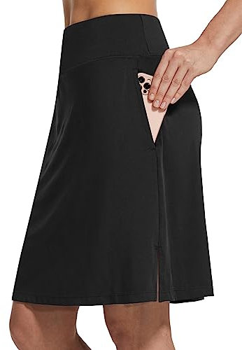 baleaf Damen Tennisrock Knielang Sportrock hoher Taille Golfrock Outdoorrock mit Tasche Schwarz L