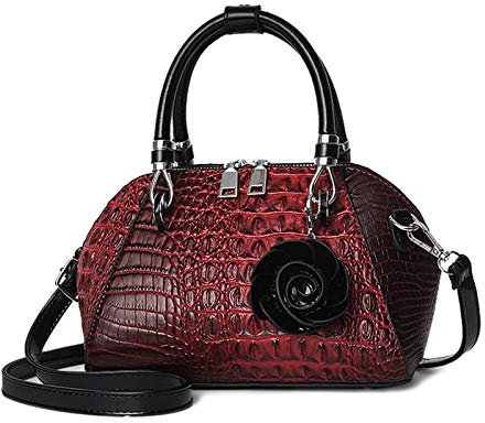 NICOLE & DORIS Handtasche Damen Klein Retro Umhängetaschen Henkeltasche Kroko Optik Schultertaschen PU Leder Tasche mit Blumen Anhänger rot