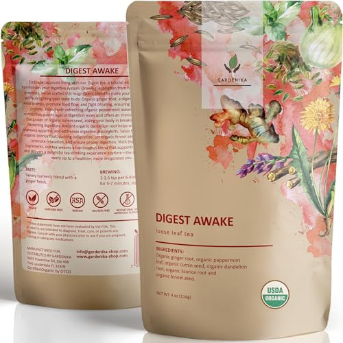 Gardenika Organic Digestive Loose Leaf Tea, Stomach Ease Herbal Caffeine-Free Leaves, Ayurvedic Blend with Dandelion Root, Ginger, Peppermint, Licorice – 4 oz