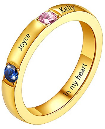 U7 personalisiert Damenring Herrenring 18k vergoldet Ehering Trauring Freundschaftsring mit Geburtsstein & 2 Namen Gravur Modeschmuck Accessoire für Hochzeit Geburtstag
