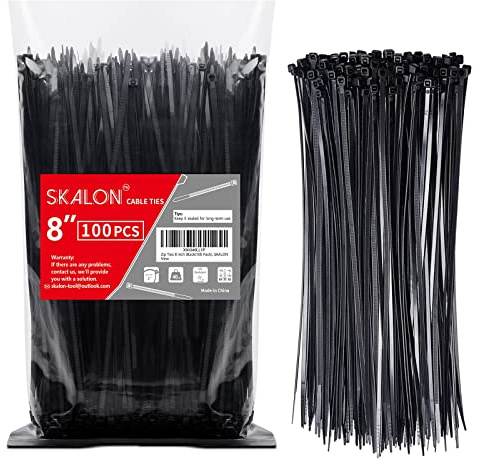 Zip Ties 8 inch (100 Pack), 40lbs Tensile Strength, Black Cable Ties, Wire Ties for indoor and outdoor use, by Skalon