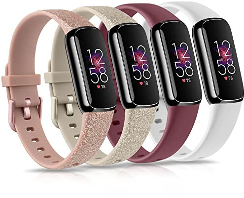 4 Stück Armbänder für Fitbit Luxe, weiches Silikon-Armband, Ersatzarmband für Fitbit Luxe/Luxe, Special Edition, Fitness-Tracker, Damen und Herren (klein, glänzend, Roségold/glänzend/Weinrot/Weiß)