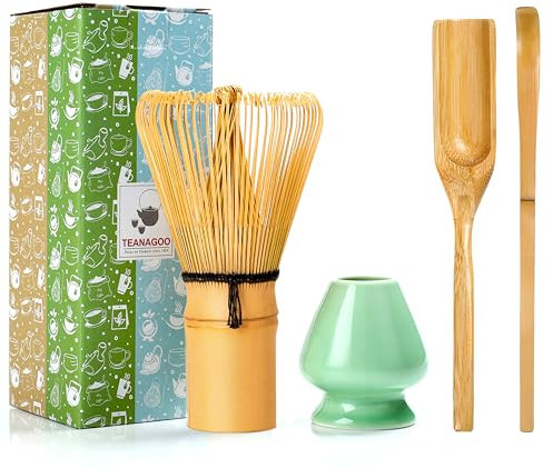 TEANAGOO Matcha Set| MatchaBesen| matcha zubehör,Matcha Schneebesen (Chasen), Bambusschaufel (Chashaku), Teelöffel, Grüner Celadon Schneebesenhalter,TG-I1, Das perfekte Set für die Zubereitung einer