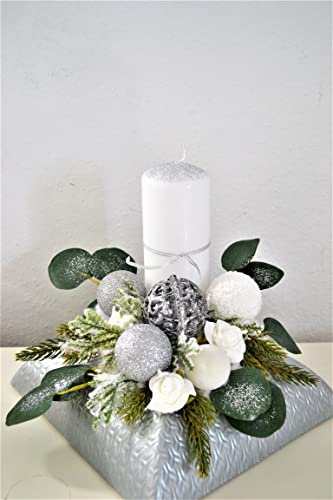 Adventskranz Adventgesteck Silber weiß künstlich 1 Kerze Weihnachten Deko