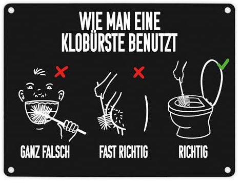 Wie man eine Klobürste benutzt Toiletten Metallschild in 15x20 cm humorvolles Blechschild mit Anleitung für richtige Handhabung einer Toilettenbürste mit Grafiken