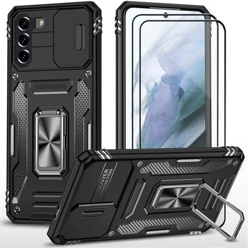 CLYDITE Coque pour Samsung S21 étui avec 2 Verre Trempé Support magnétique Armure Robuste Antichoc Silicone avec Couvercle de caméra Coulissant Bumper-Noir