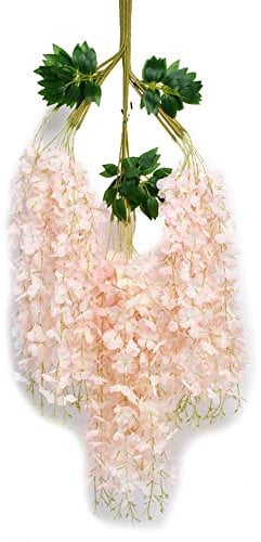 GIVBRO 12pcs Fleurs Artificielles Faux Wisteria Fleurs Faux Floral Vignes Exposition Plafond Jardin Décoration pour Mariage Maison Rose Clair
