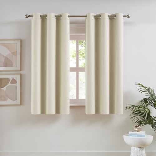 DUALIFE Room Darkening Narrow Curtains for Small Windows 34 Inch Wide 2 Panels Set, Narrow Short Curtains for Kitchen Bathroom Basement Decor,34x45 Inch Length, Grommet Top, Cream Beige