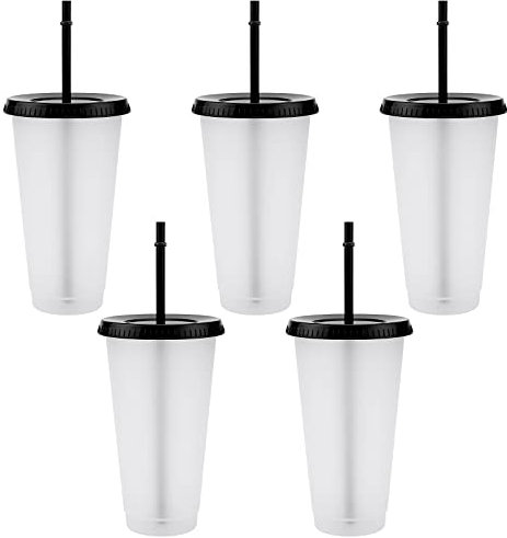 TSLBW 5 Pcs Reusable Plastic Acrylic Tumblers with Lids and Straws, 710ml & 500ml, Black