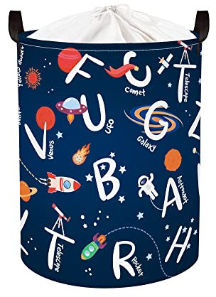 Clastyle 45L Universum Weltraum Alphabet Planet Blau Baby Wäschekorb Rakete Rund Spielzeug Kleidung Aufbewahrungskorb für Kinderzimmer, 36x45 cm