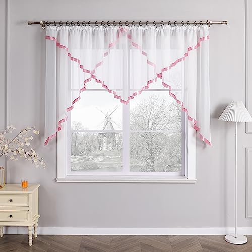 HongYa Kuvertstore Transparenter Voile Gardine mit Satinbänder Kräuselband Vorhang H/B 120/300 cm Rosa