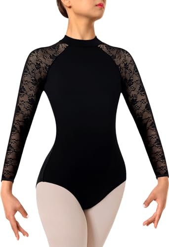 DANSHOW Damen Spitze Ballett Trikot für Tanz Mock Neck, Erwachsene Wassertropfen Hohl Rücken Turn-Leotards für Damen(7029-06-L)