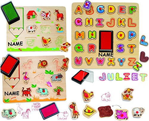 alles-meine.de GmbH XL Set Mal & Stempelset/Legepuzzle - Stempel & Steckpuzzle Platten - mit Griffen - Haustiere & Zootiere - incl. Name - aus Holz - 20 Teile mit großen ..