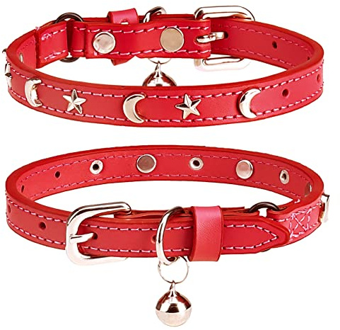 DILLYBUD Leather Cat Collars for Boy Girl Cats with Bell and Safety Elastic Belt, Personalized Star and Moon Stud Adjustable Safe Buckle Collar for Kitty Small Big Cats Size 7-9 Inch, Red