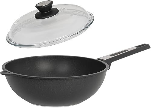 SKK großer 2-tlg. Wok Ø 28 cm mit Griff - ohne Induktion - Aluguss Antihaft Stielwok mit glattem Boden & Vollglas Deckel - Made in Germany