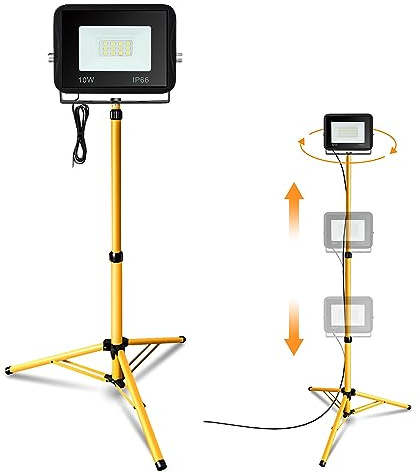 Jiubiaz LED Projecteur de Chantier avec Trépied Lampe, 10W Blanc Chaud 900LM Lampes de Travail à LED, Étanche IP66 pour l'intérieur et l'extérieur Chantier, Rotation à 360 ° (Câble 1M, Sans prise)