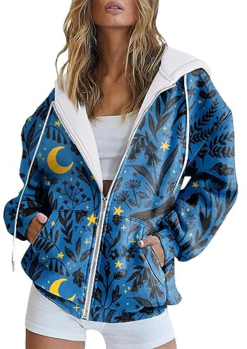 Jacke Herbst Damen Mode Hoodie Langarm Tasche Reißverschluss Sportjacke Lose Blumendruck Damen Hoodie Oversized Pullover Damen (Y, S)