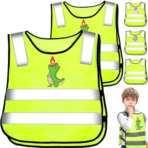 YOUYIKE 2/3 Pcs Gilet de Sécurité pour Enfan,360°Visibilité à Gilet Réfléchissante pour 3-12 Ans Enfants,Gilet Jaune Réfléchissant Oui Nuit Marche idéale（Dinosaure Taille Universelle ）