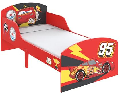 Disney Cars Lightning McQueen Kleinkindbett, stabile Holzwerkstoff-Konstruktion, geschützte Seiten, Holzlatten, passend für 140 x 70 cm große Matratze (Matratze nicht im Lieferumfang enthalten)