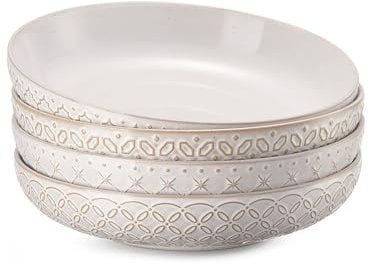 DOWAN Pastateller Groß Tief 4er Set, Ø 21,5 cm Porzellan Suppenteller Tief, Pastaschale Rund, Klassische Nudelteller, Bowl Teller Keramik für Pasta, Nudeln, Suppe, Salat-Vintage-weiß