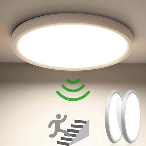 Lampe Deckenlampe mit Bewegungsmelder Innen, [2 Stück] 24W 2400LM Rund Deckenlampe mit Bewegungssensor Innen, Ø30CM Ultra Dünn 4000K LED Deckenleuchte Sensor als Flur/Balkon/Garage/Abstellraum
