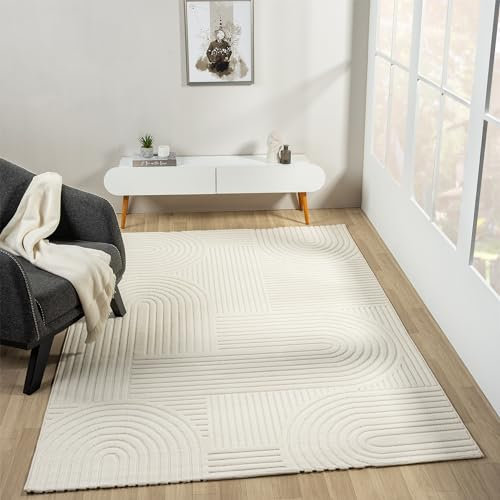 VIMODA Moderner Kurzflor Teppich Wohnzimmer Schlafzimmer Skandinavisch in Creme,Maße:80x150 cm;Farbe:Bogen