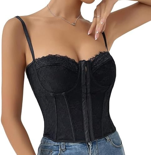 Haibang Corsetto da Donna Eleganta Pizzo Bustier con Spalline Sottili Fronte Aperto Disossato Corpetto Top Floreale Curvy Corsetto Bustino Sexy Canotta Regolabile Corset Bodyshaper Mode Clubwear