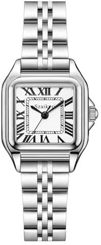 Szaikyri Klassisches Quadrat Damenuhr mit römischen Ziffern Damenkleiduhren Armbanduhr Damen (Silver Black)