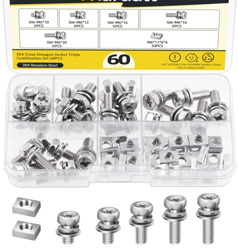 Mardatt 60Pcs Stainless Steel Battery Bolts and Nuts, M6 x 10/12/16/18/20mm Motorcycle Battery Terminal Nuts and Bolt Kit, Motorcycle Battery Screw and Square Nuts for ATV Bike Scooter Battery