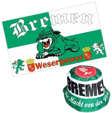 Fan-Set Bremen Fahne (90x150 cm) + Fischerhut, grün-weiss, Fussball, 1899