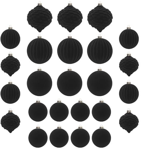 KI Store Black Velvet Christmas Balls 25pcs Shatterproof Flocked Christmas Tree Ornaments Assorted for Xmas Tree Decorations