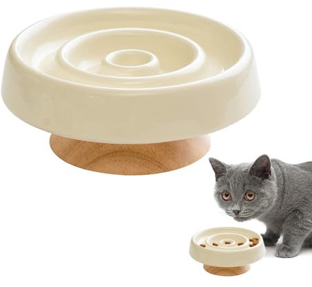 Pasdrucn Gamelle Chat Anti-Glouton en Céramique - Surélevée avec Support en Bois pour Alimentation Lente (Blanc)