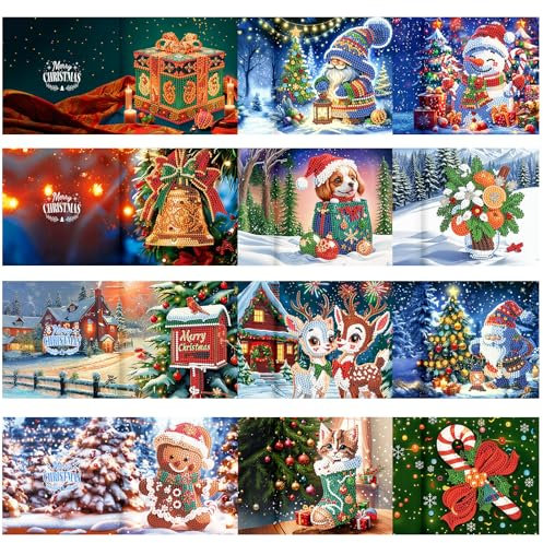 ycyingcheng 5D Diamant Grußkarte Weihnachtsgrußkarten, DIY Spezial-geformte Diamant Malerei Karten Kit, Diamant Kunst Weihnachten Postkarten für Familienfreunde, 12PCS