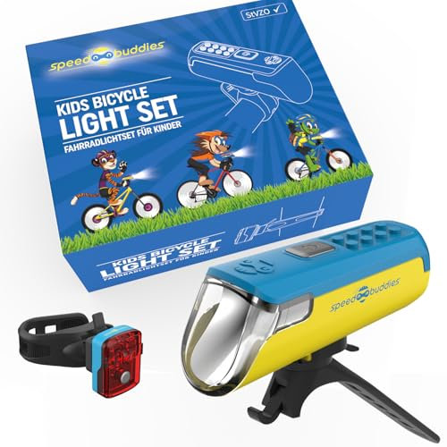 SPEED BUDDIES Kinder Fahrradlicht Set – StVZO LED Front- & Rücklicht, USB-C, für Kinderfahrrad, bunt & kindgerecht (blau/gelb+blau)