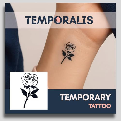 Fake Tattoo Rose – Temporalis® | Temporäre Tattoos für Erwachsene – EU-zertifizierte Kosmetik, vegan & wasserfest – Hält 1 bis 2 Wochen [ Blühende Rose ]