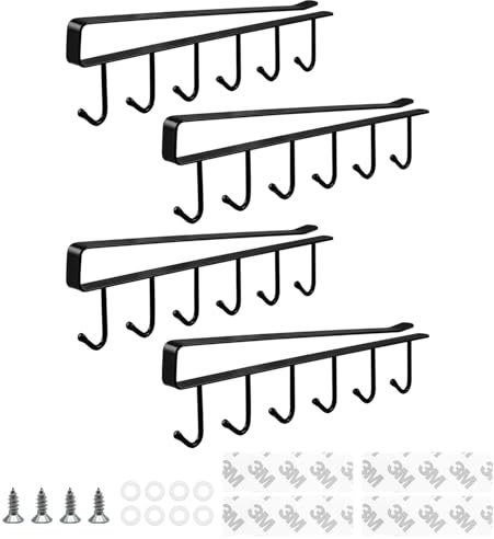JINTANG Metal Under Cupboard Storage (Set of 4), Under Shelf Mug Holder, Under-Cabinet Hanger Rack with Adhesive Tape/Fixing Screws, Over Door Hanger for Coat, Towel, Bag, Robe (Black)