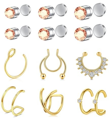 AVYRING Bijoux de Nez Faux sans Perçage, Studs Magnétiques pour Nez et Oreilles, Set d'Anneaux de Nez en Or, Septum et Boucles d'Oreilles en Acier Inoxydable pour Femmes et Hommes