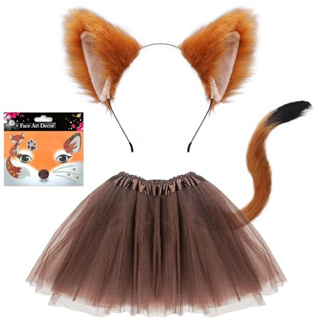TUONYIS Lot de 4 costumes de renard pour enfants et adultes, fausses oreilles de renard, bandeau, queue, tutu, jupe, tatouage, autocollants, déguisement, cosplay, Halloween, journée mondiale du livre