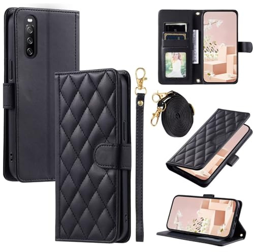 Handyhülle für Sony Xperia 10 II Hülle mit Band Klappbar,Premium Leder Klappbar Tasche Flip Case Magnet Kartenfach Standfunktion Klapphülle Schutzhülle für Sony Xperia 10 II(Schwarz)