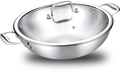 Nontoxicook Tri-Ply Stainless Steel Wok Pan with Lid, Fast & Even Heat, 30cm (12inch) Stir Frying pan, Induction Saute Pan, Cooking Pan, Broiler Safe 315℃