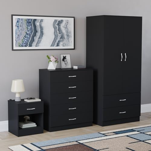 Vida Designs Riano 3 Piece Bedroom Set - 1 Drawer Bedside Chest, 5 Drawer Chest, 2 Door 2 Drawer Wardrobe - Black