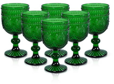 CHLJAR Christliches grün Vintage Weingläser Set, 350ml, 6 Stück, Kristallglas mit Prägemuster, Spülmaschinenfest, Rosa, Bernstein