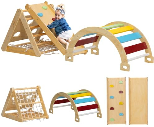 AIYAPLAY 7-in-1 Montessori Klettergerüst Kinder 1,5-4 Jahre Mehrfarbig | Indoor Holz Kletterdreieck, Kletterbogen, Rutsche, Rampe, Kletternetz, Kletterstein, Indoor Spielplatz