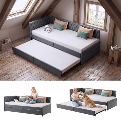 Polsterbett Schlafsofa 90/180x200 cm,Schlafsofa mit Lattenrost Tagesbett Ausziehbar Schlafcouch 2 Personen Doppelbettsofa Sofa mit Schlaffunktion Multifunktionales Sofabett ,ohne Matratze (Grau-A)