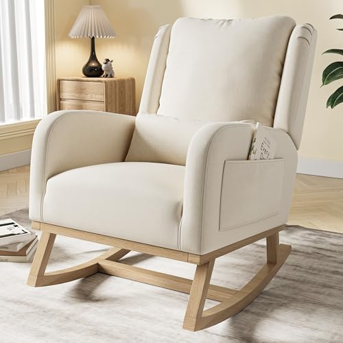 ADWOLT Schaukelstuhl Gepolsterter Stillsessel Modern Schaukelsessel gepolstert hohe Rückenlehne Accent Glider Rocker Beige-Leinen Stuhl für Wohnzimmer,Schlafgemach