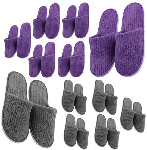 GOEDCH 10 paia di pantofole in pile corallo: viola e grigio, pantofole Spa in pile corallo, pantofole per ospiti in velluto di cotone lavabile, unisex, per il benessere, viaggi, bagno